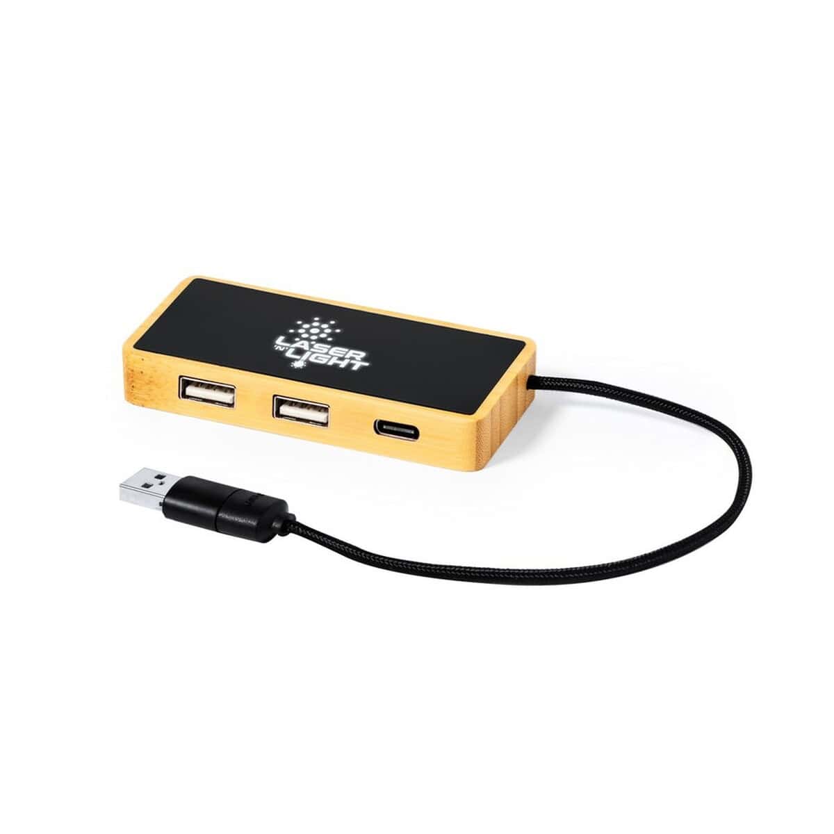 Huby USB z logo – bambusowy hub usb i usb-c V1341-00_ILG01 Przenośny powerbank z logo laser light, ładowanie USB, stylowe gadżety reklamowe.