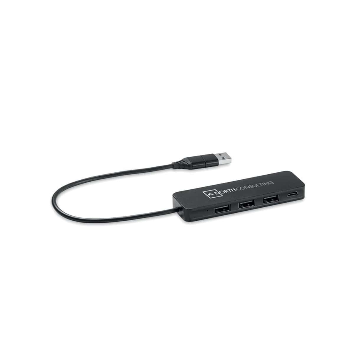 Huby USB z logo – hub usb-c 4 porty usb hubbie mo6811-03-print Przedłużacz USB z 3 portami i kabelkiem - idealny gadżet biurowy i komputerowy.