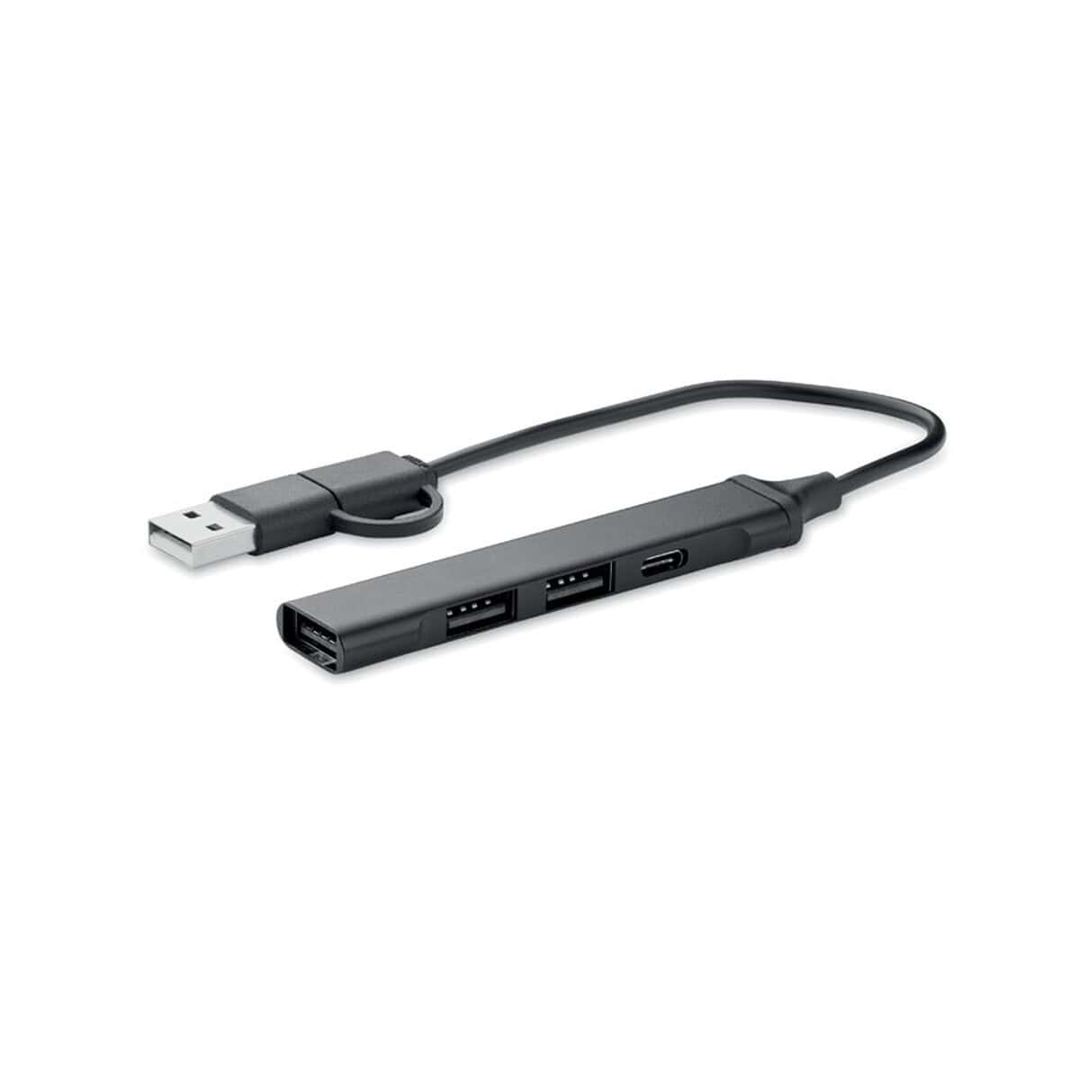 Uniwersalny koncentrator USB z 3 portami USB i portem USB-C do ładowania i przesyłania danych.