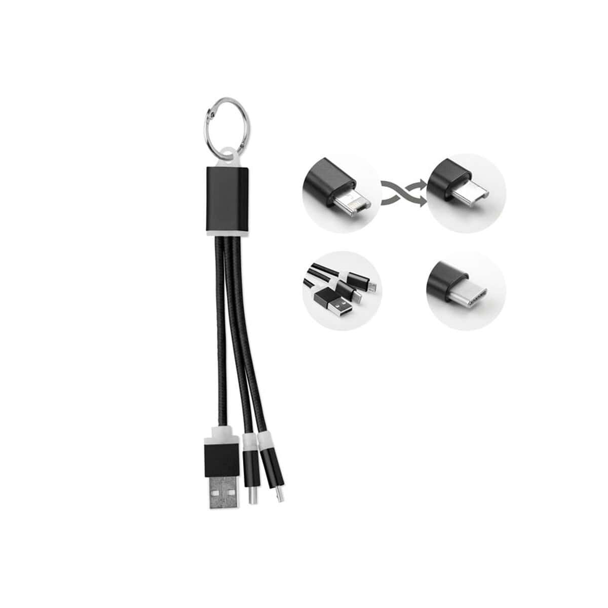 Kable USB z logo – brelok z kabelkami ładującymi rizo mo9292-03 Smycz na klucze z węzłami do różnych ładowarek, czarna bawełniana, praktyczna i stylowa.