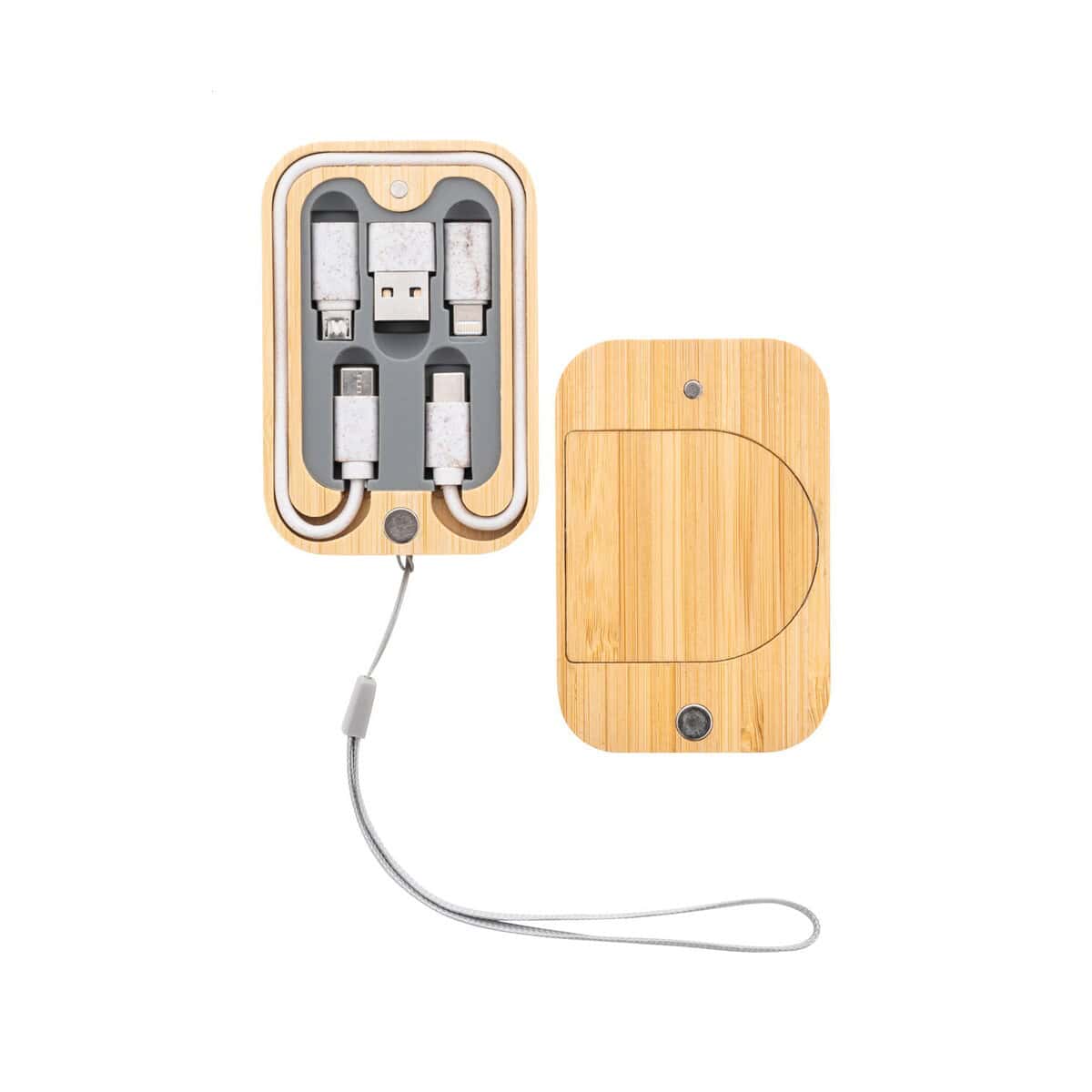 Kable USB z logo – cabsly plus zestaw do ładowania AP864062__B Kabel USB w drewnianej obudowie z grawerem, elegancki gadżet promocyjny.