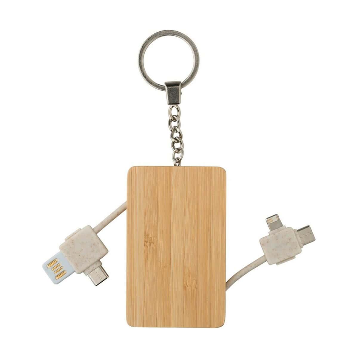 Kable USB z logo – kabel do ładowania, bambusowy brelok do kluczy V1691-16_AAA02 1. Brelok z naturalnego drewna do kluczy i USB z kablami.
