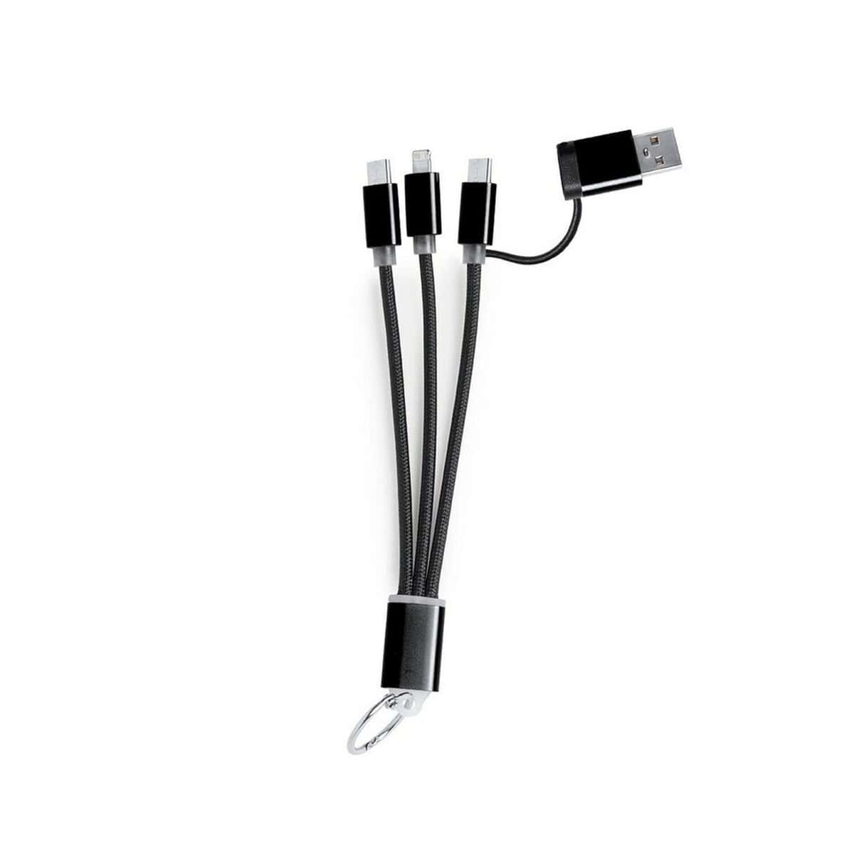 Kable USB z logo – kabel do ładowania, brelok do kluczy V8330-03_AAA01 Uchwyt na kable ładowarki z wieloma końcówkami USB typu C i micro USB, czarny, elegancki design.