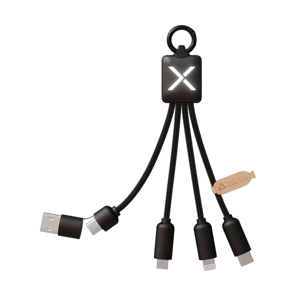 Kable USB z logo – scx.design c13 kabel do ładowania 5 w 1 o mocy 20 w 2px18190 Sznur wieloportowy USB-C z logo LED, czarny, funkcjonalna ładowarka i kabel USB.