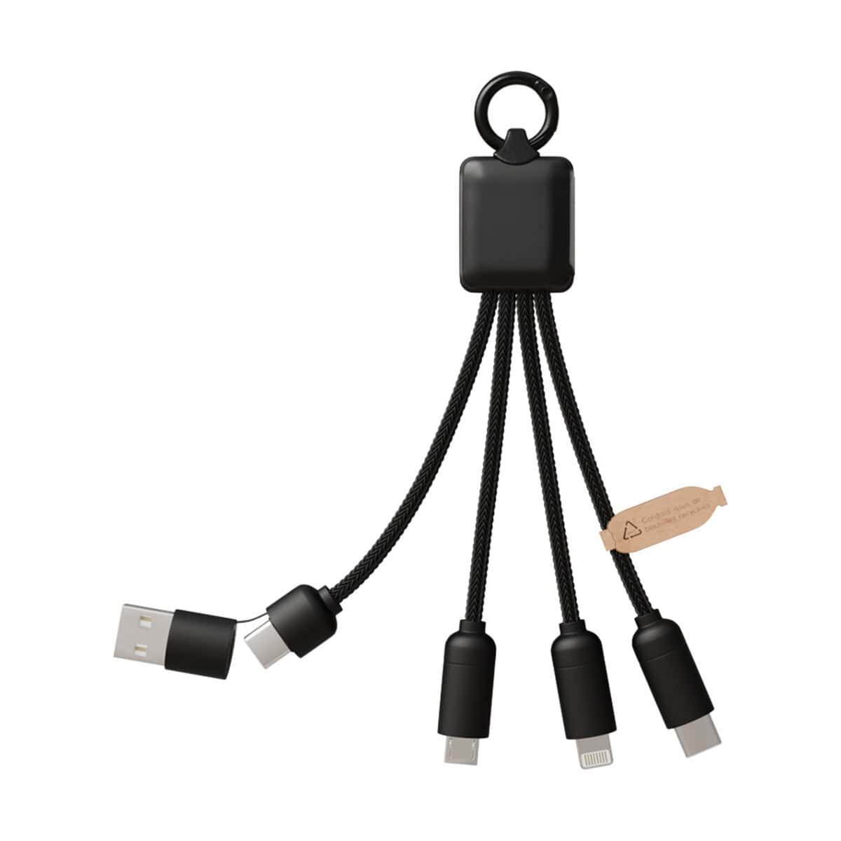 Kable USB z logo – scx.design c13 kabel do ładowania 5 w 1 o mocy 20 w 2px18190_f1 Przenośny wielofunkcyjny kabel ładowarki z 5 końcówkami typu USB-C, Lightning i micro USB.