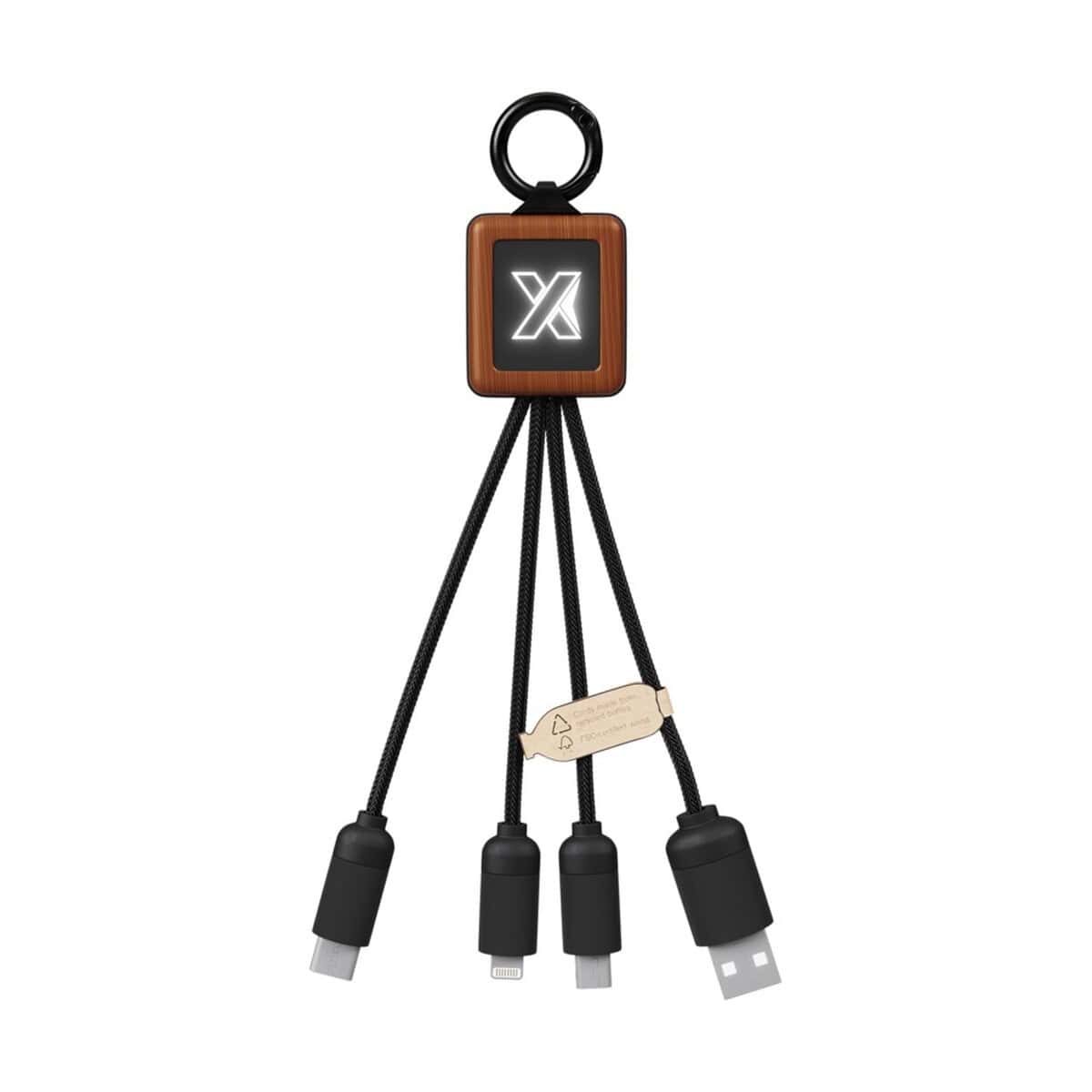 Kable USB z logo – scx.design c19 łatwy w użyciu kabel drewniany 20 w 2px04471_e1 Uniwersalny brelok z etui na kable i ładowarki, stylowe gadżety reklamowe.
