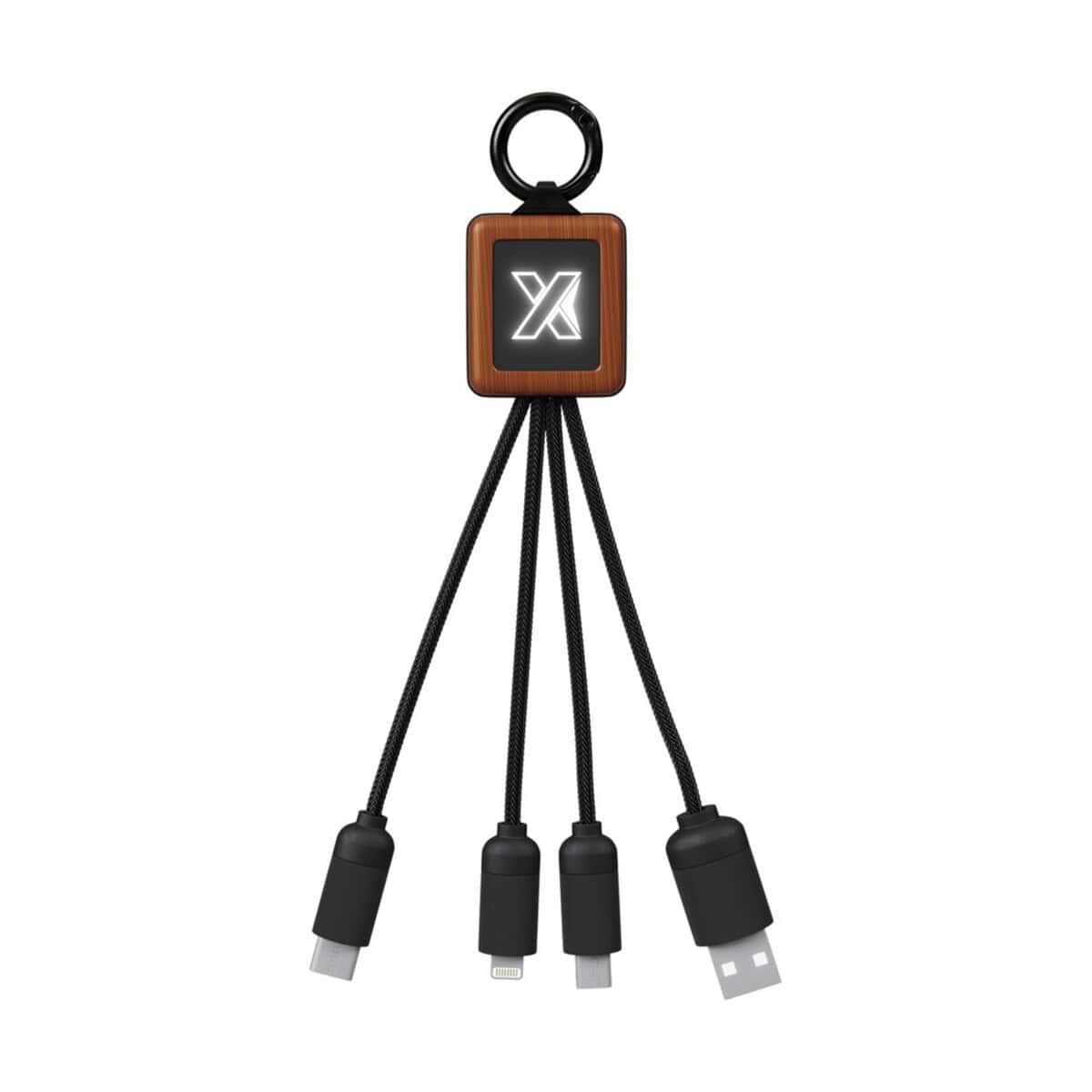 Kable USB z logo – scx.design c19 łatwy w użyciu kabel drewniany 20 w 2px04471_e2 Uniwersalny brelok z funkcją ładującego kabla multikabel USB, idealny gadżet promocyjny.