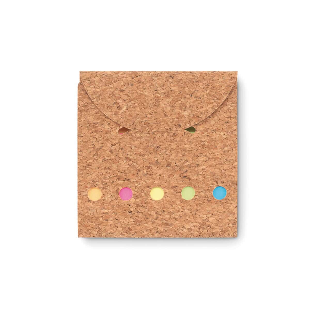 Karteczki samoprzylepne z logo – zestaw karteczek memo foldcork mo9858-13 Kolorowe powierzchnie na pudełku z korka, boho, naturalny styl.