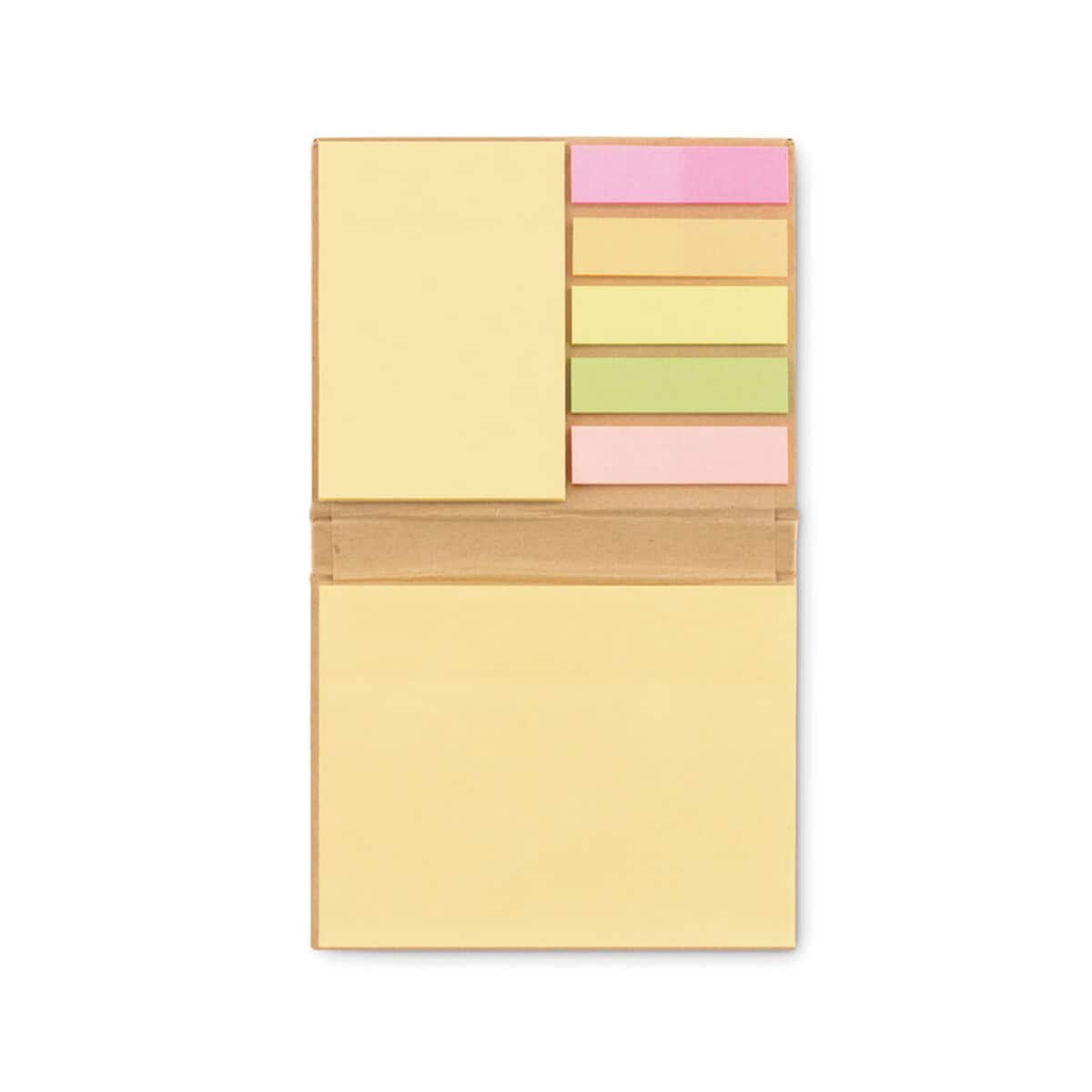 Karteczki samoprzylepne z logo – zestaw kartek samoprzylepnych recyclo mo7173-13-top Żółto-różowe naklejki Samoprzylepne na notesy i biurko z drewnianą podstawą, idealne do organizacji i dekoracji.