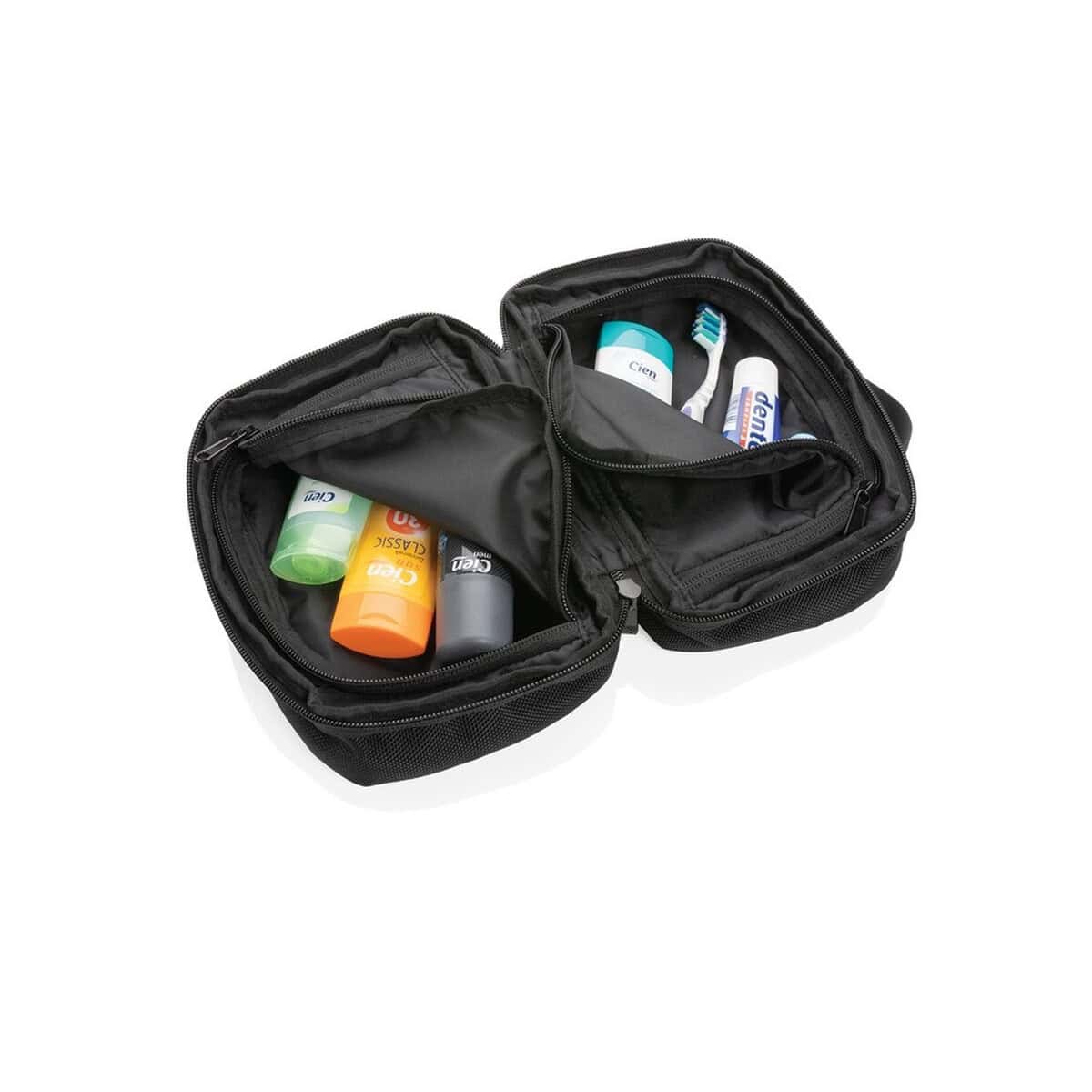 Kosmetyczki z logo – kosmetyczka swiss peak voyager aware™ rpet P820.231_05 Poradnik do higieny osobistej w podróży, organizer na kosmetyki i akcesoria. Idealny gadżet na wyjazdy i codzienne użytkowanie.