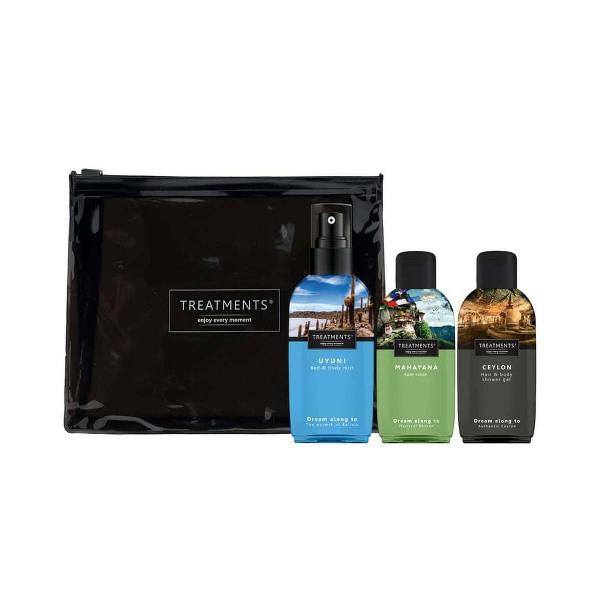 Kosmetyczki z logo – zestaw kosmetyków podróżnych treatments VTR02-99_AAA01 Limoniowe zestawy kosmetyków do ciała i włosów z etykietami podróżnymi.