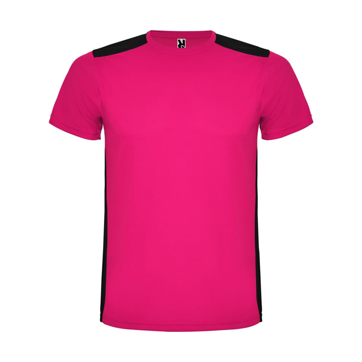 Koszulka sportowa różowa z czarnymi wstawkami, odzież promocyjna i gadżety sportowe.