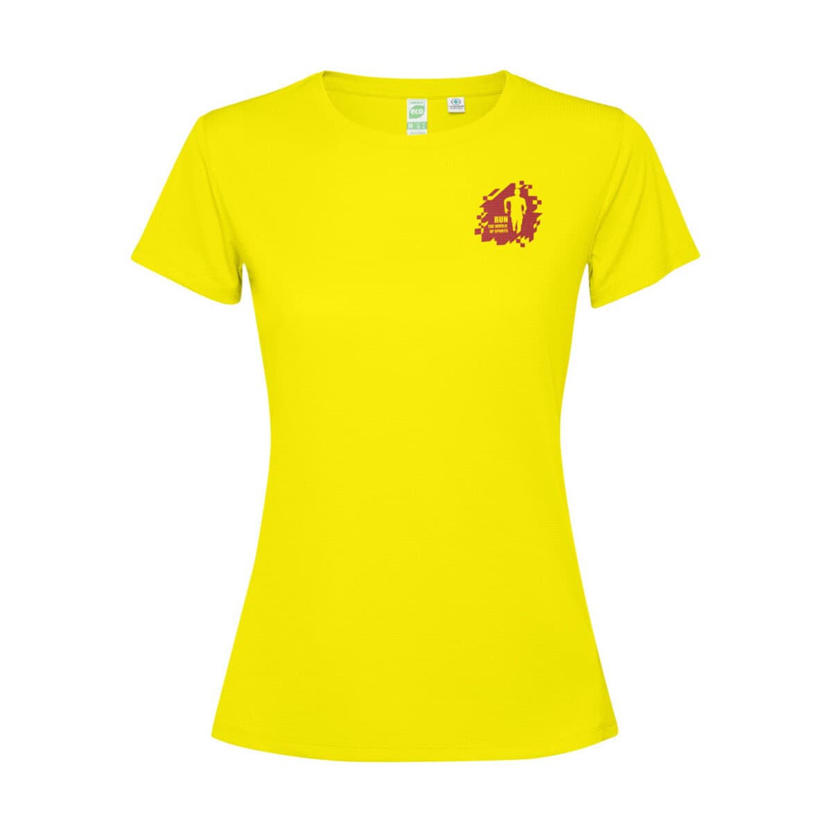 Koszulki z logo – estoril damska koszulka z krótkim rękawem r04311c_tr_y1 Żółta koszulka z logo sportowe i ekologicznym nadrukiem, idealna na bieganie i treningi.