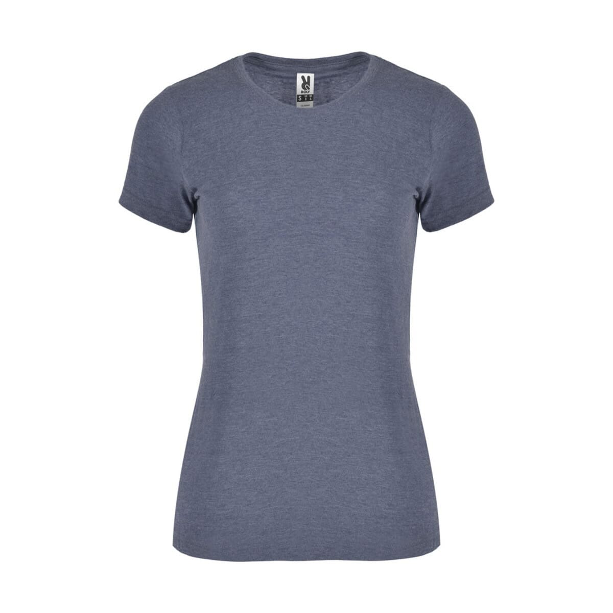 Niebieska koszulka damska podkreślająca personalizowane gadżety i odzież reklamowa.