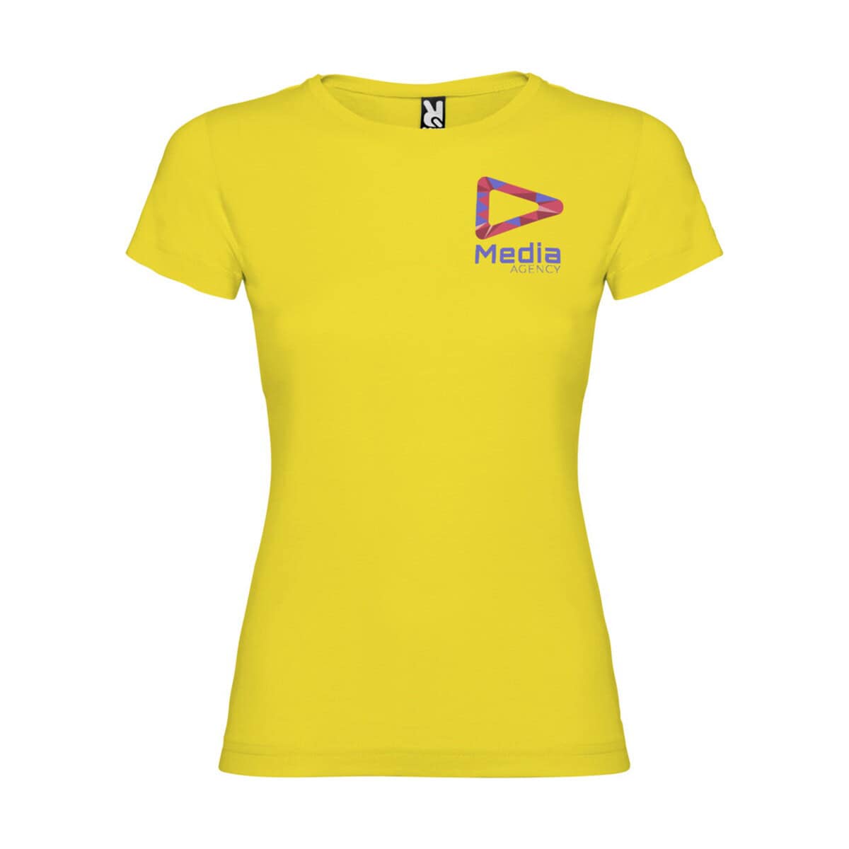 Koszulki z logo – jamaica koszulka damska z krótkim rękawem r66271b_f1_sp_y1 Logo media agency na żółtej koszulce, personalizowany gadżet reklamowy.