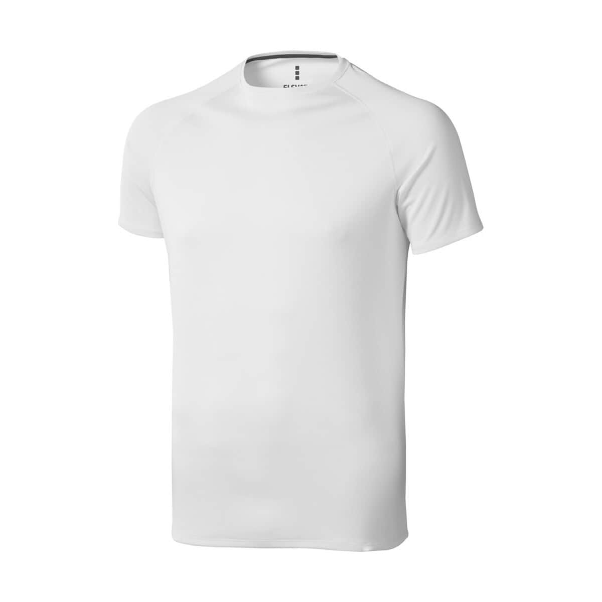 Biała koszulka sportowa z krótkim rękawem, idealna na gadżety reklamowe, ubranie firmowe, promocja marki.
