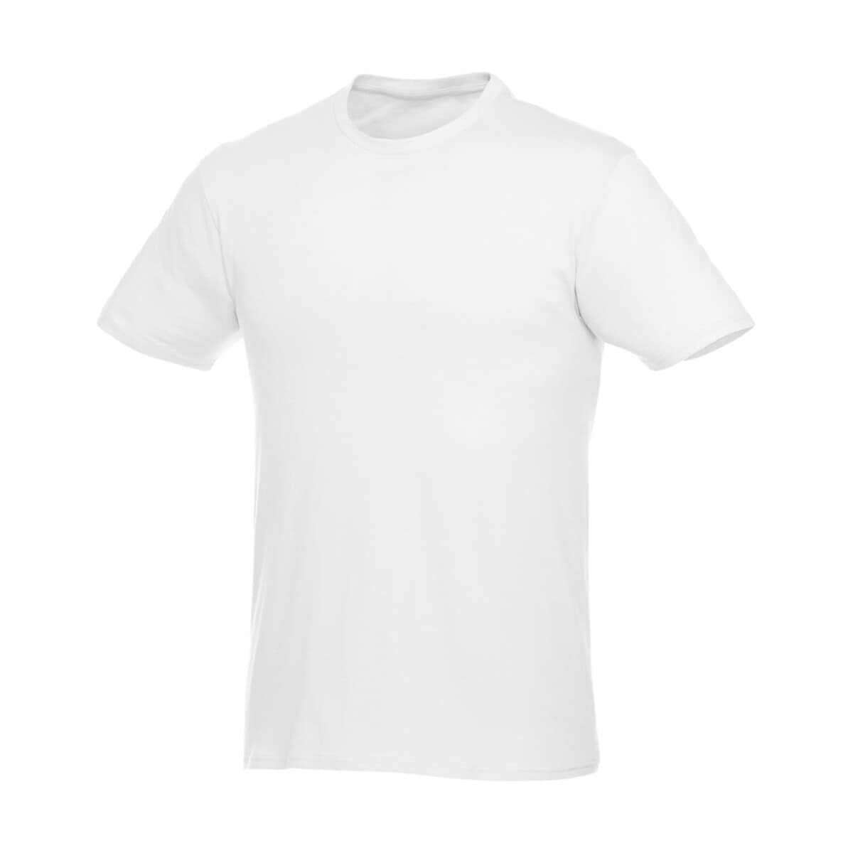 Biała koszulka t-shirt z krótkim rękawem, idealna do personalizacji na gadżety reklamowe.