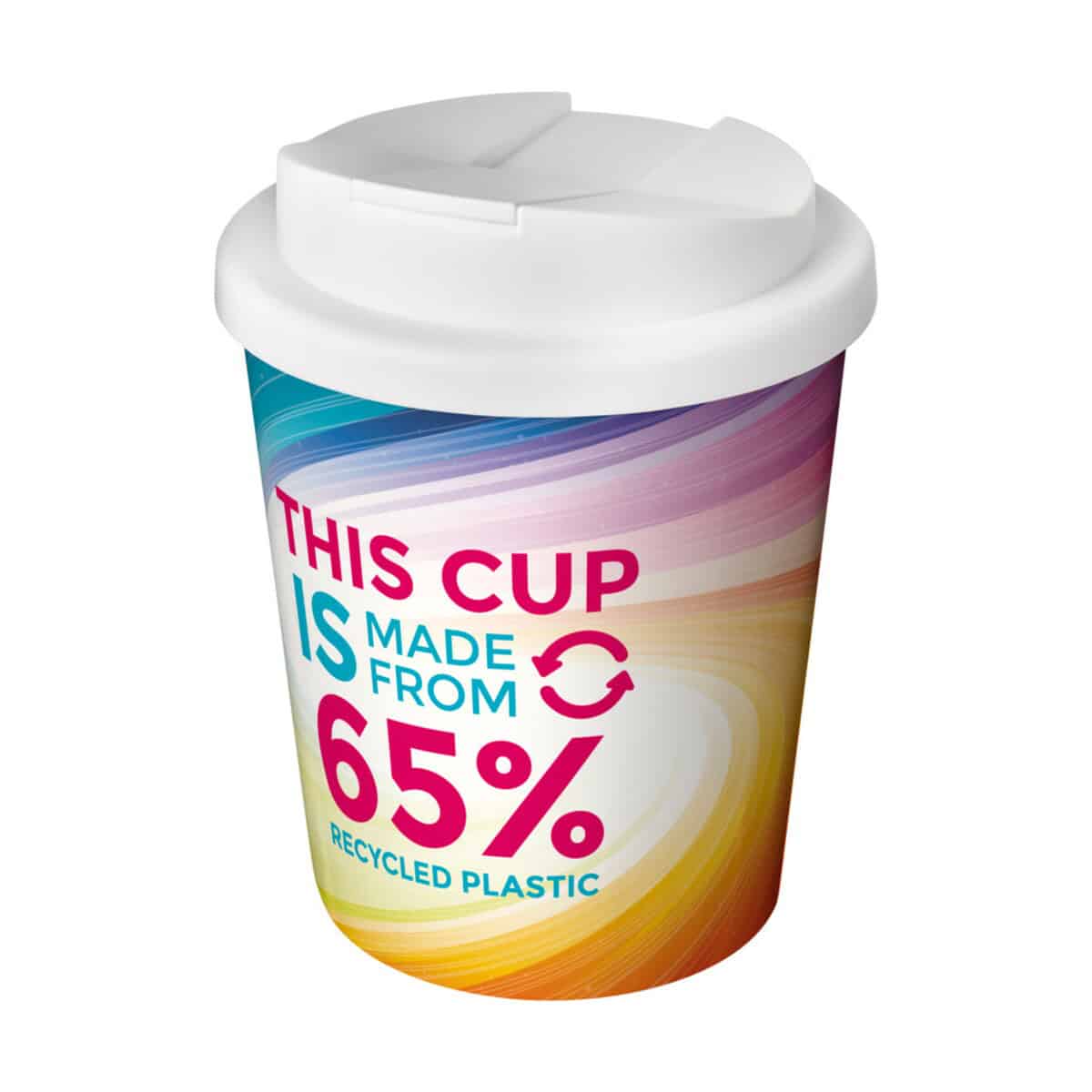 Butelka z recyklingowanego plastiku z nadrukiem edukacyjnym, pokazująca procentowość materiału.