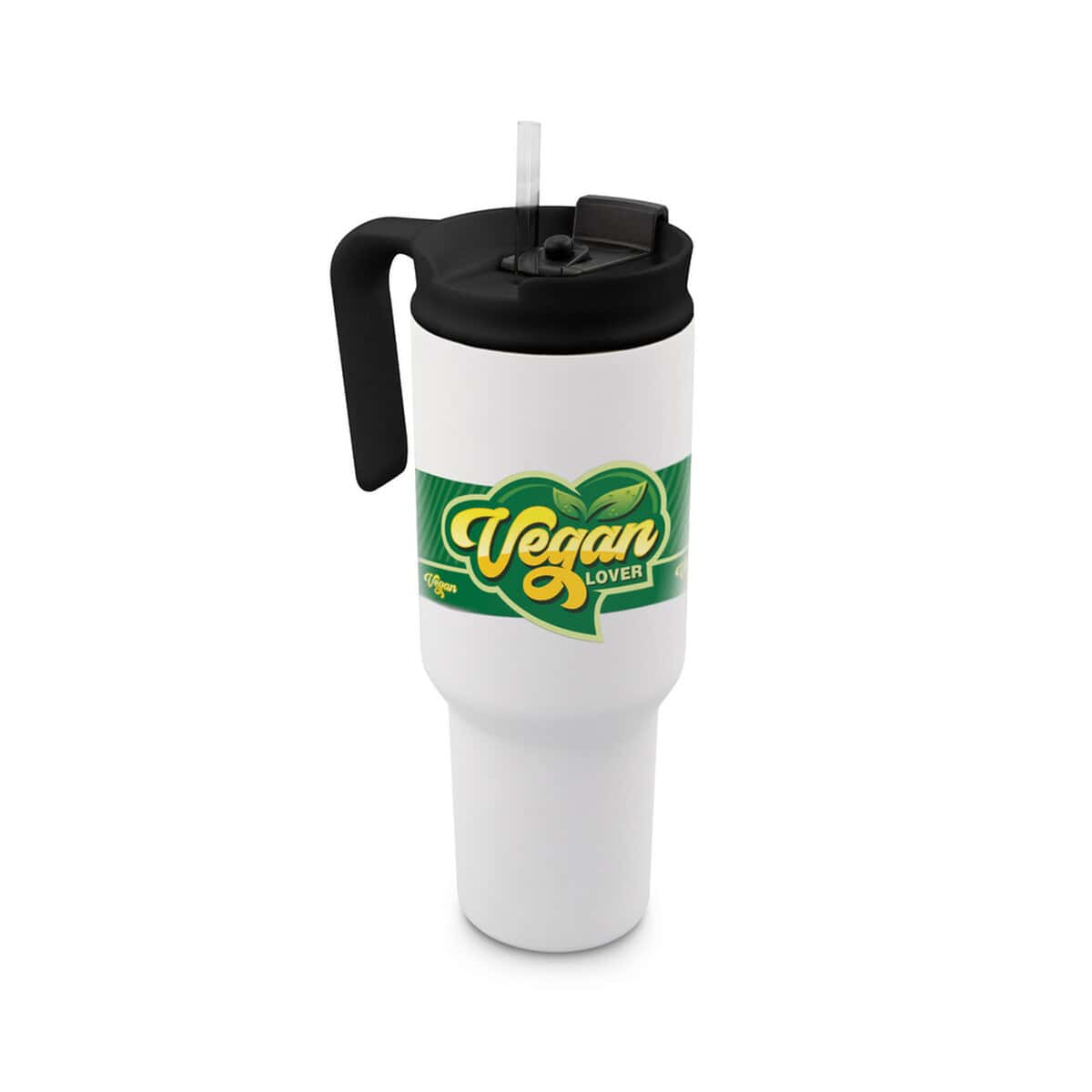 Kubki termiczne z logo – kubek termiczny 1100 ml air gifts z ergonomicznym uchwytem | ony VA094-02_ILG01 Stanowisko: Kubek termiczny z logo Vegan Lover, personalizacja gadżetów ekologicznych i wegańskich.