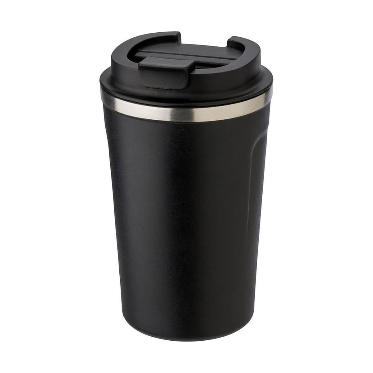 Butelka termiczna czarna z metalową ozdobą i pokrywką na kawę lub herbatę.