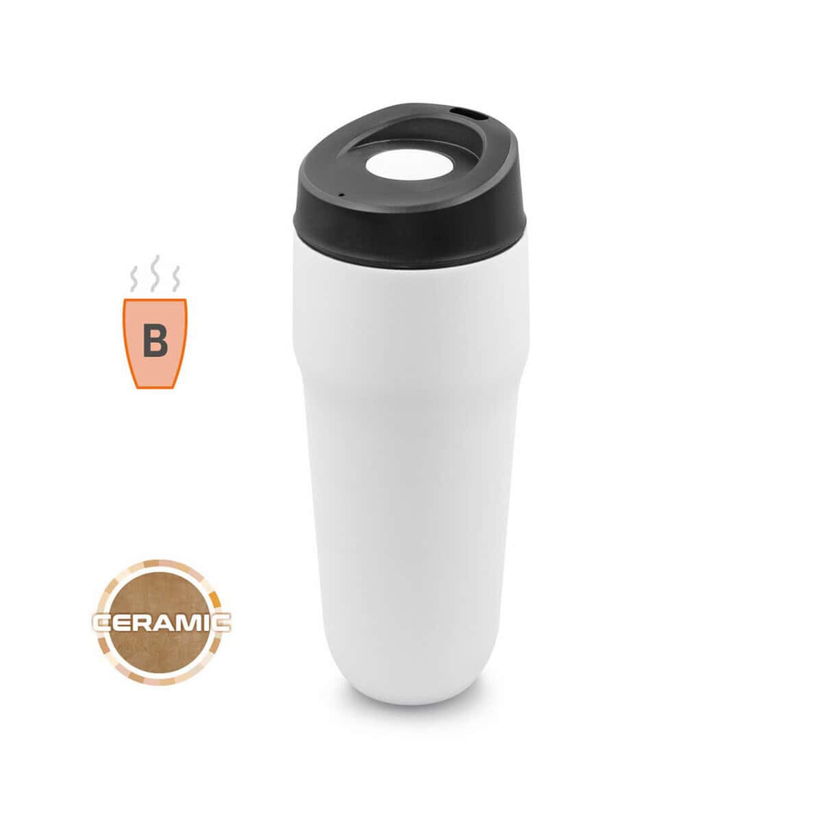 Kubki termiczne z logo – kubek termiczny 400 ml air gifts | niram VA095-03_AAA00 1. Elegancka termo butelka ceramiczna z czarną pokrywką, idealna na podróże i codzienne użytkowanie.