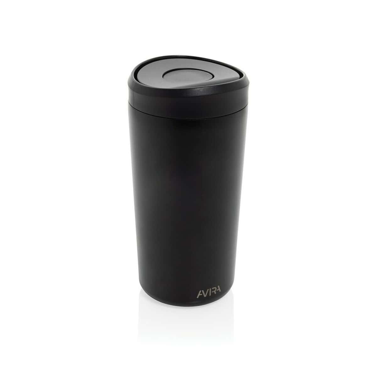Kubki termiczne z logo – kubek termiczny 400 ml avira alix P438.1001__B_1 1. Butelka termiczna czarna na kawę i herbatę, elegancki gadżet biurowy.