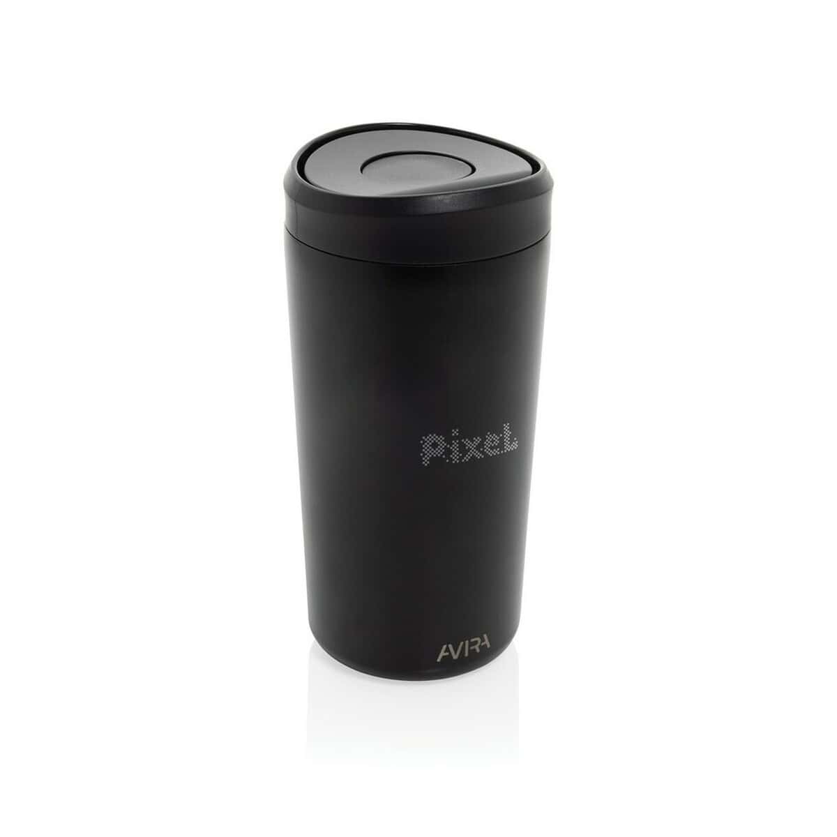 Kubki termiczne z logo – kubek termiczny 400 ml avira alix P438.1001__D_100 1. Kubek termiczny czarny z logo Pixel i AVIA do gadżetów reklamowych.