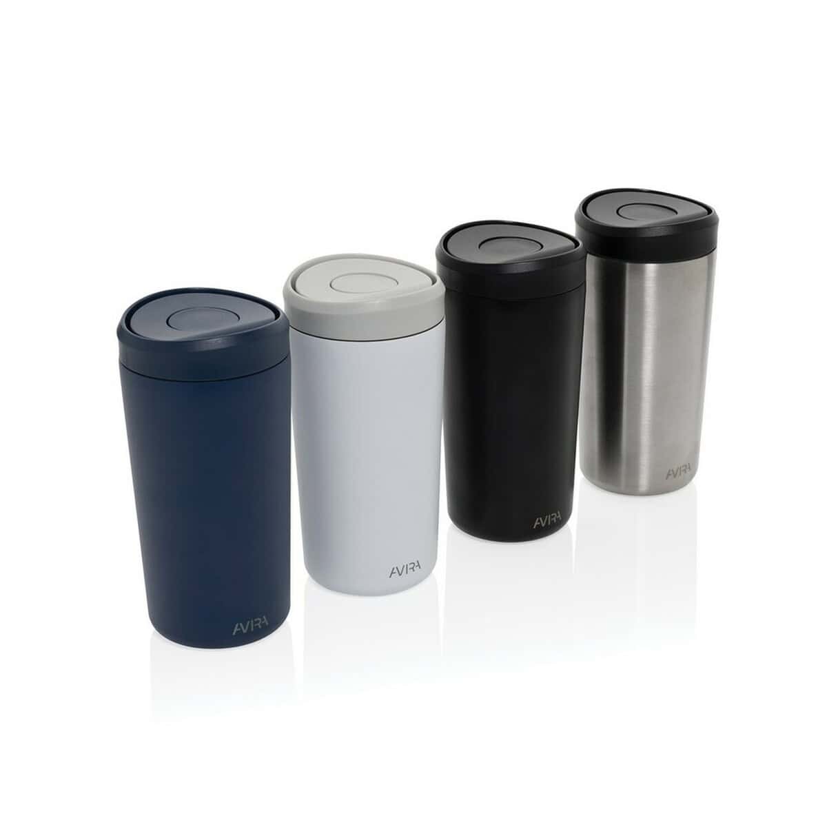 Kubki termiczne z logo – kubek termiczny 400 ml avira alix P438.1001__G_300 Butelka termiczna z czarnym, białym, granatowym i srebrnym wykończeniem – idealna na kawę i herbatę.