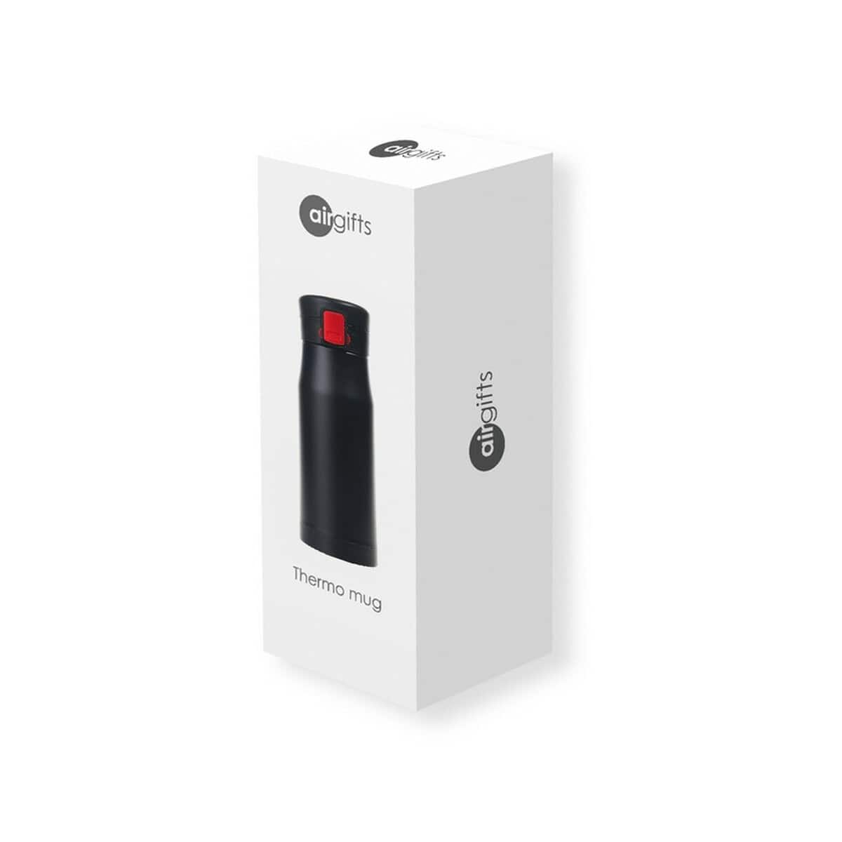 Kubki termiczne z logo – kubek termiczny 550 ml air gifts | angela V9925-05_COV01 Czarna termosowa kubek z czerwonym przyciskiem, gadżet z nadrukiem logo Gadzety.