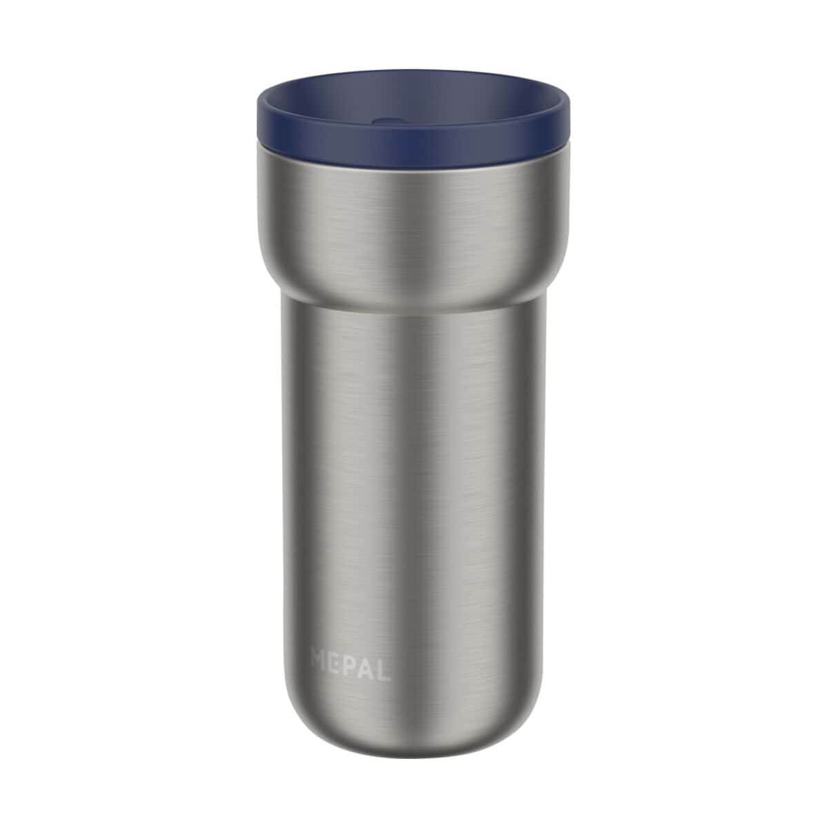 Kubki termiczne z logo – mepal ellipse kubek termiczny ze stali nierdzewnej o pojemności 375 ml 10090852 Stainless steelowy kubek termiczny z niebieską pokrywką, idealny do podróży i pracy.