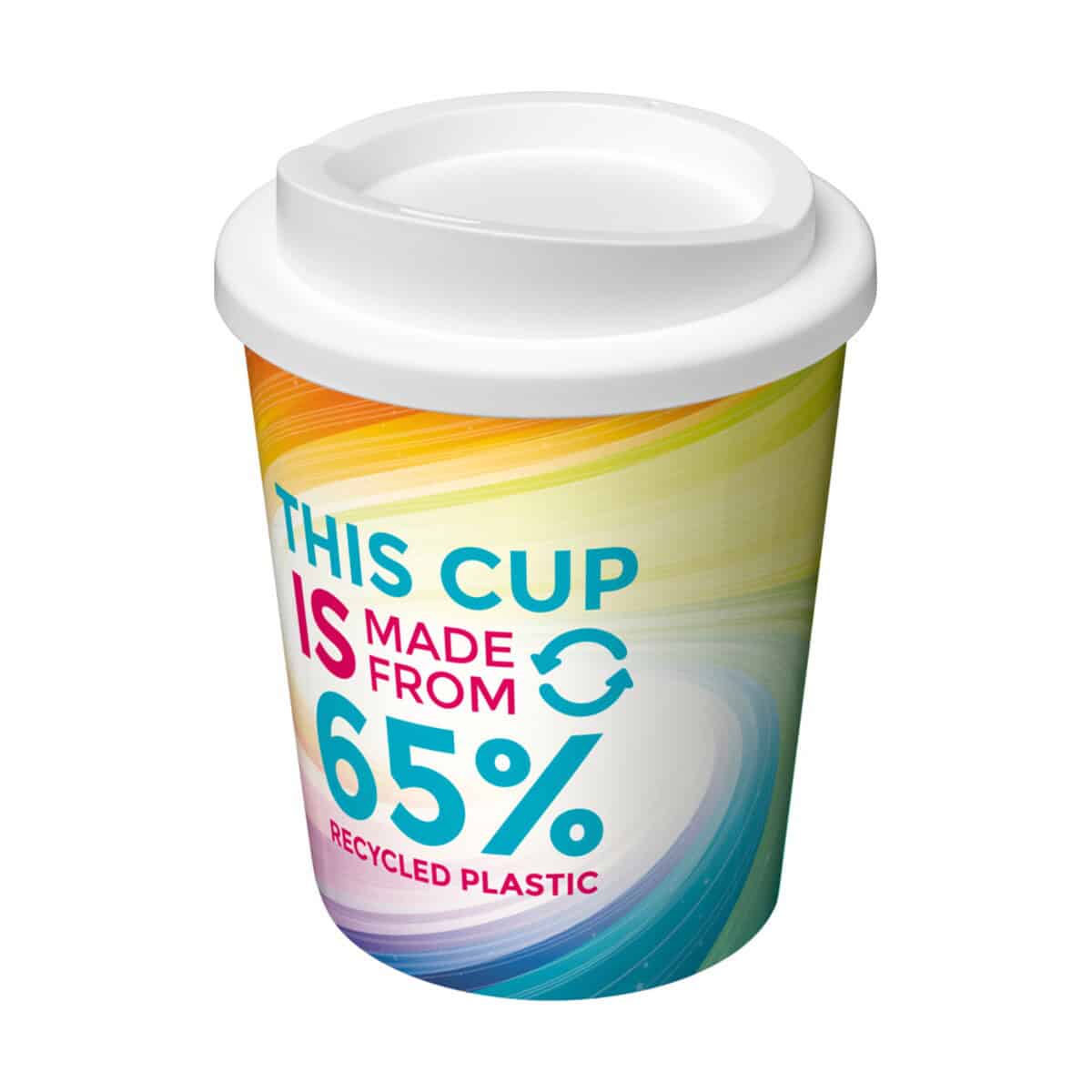 Butelka z kubkiem termicznym z nadrukiem promującym recykling plastiku.