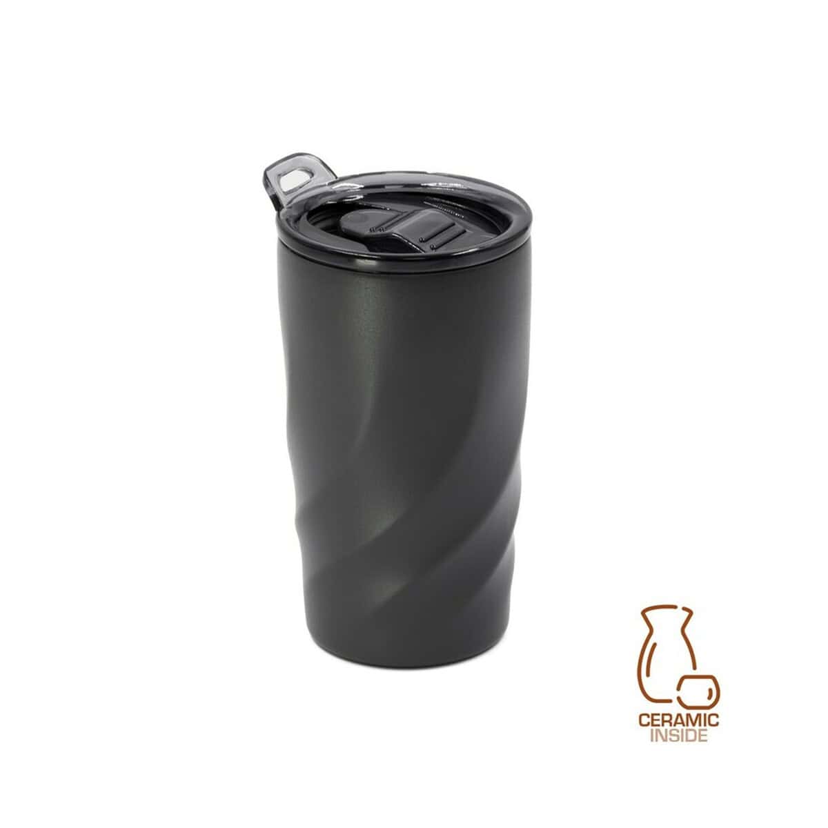 Kubki z logo – kubek podróżny brandcharger vortex calix ceramica VA539-15_AAA01 Ogromna butelka termiczna czarna z zakrętką i wykończeniem spiralnym, idealna na kawę, herbatę i napoje na wynos.