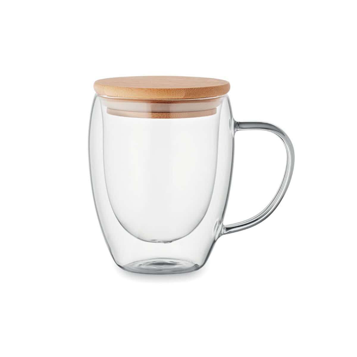 Kubki z logo – kubek z podwójną ścianką 250ml tiral mo2198-22 Szklany kubek z drewnianym wieczkiem i wygodnym uchwytem, idealny na kawę i herbatę.