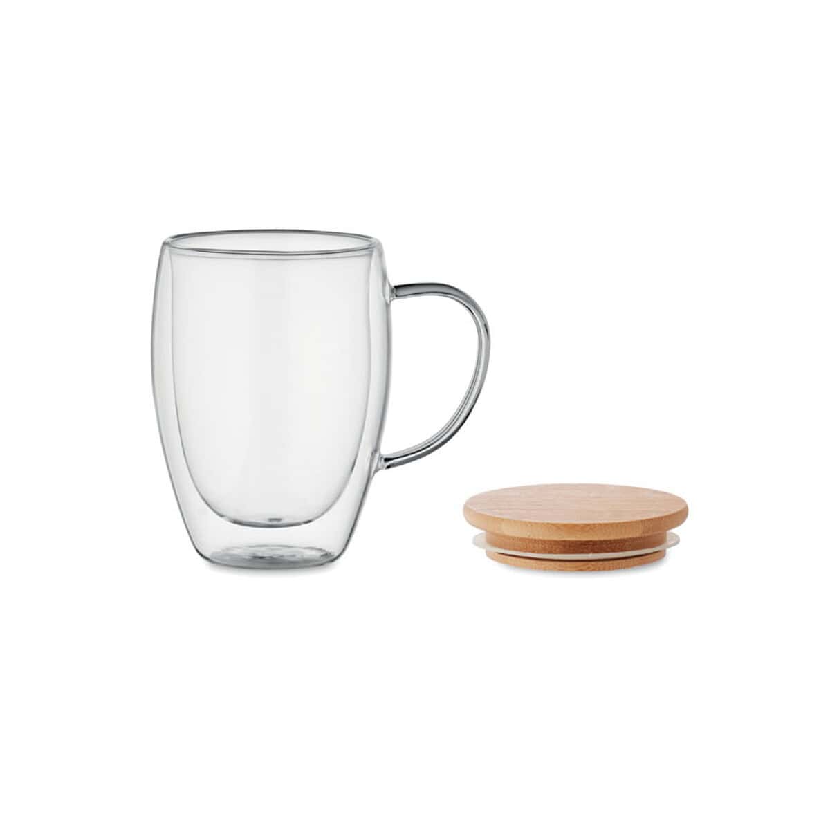 Kubki z logo – kubek z podwójną ścianką 350ml tirol mo2199-22-back Przezroczysta szklana tazza z drewnianym pokrywką i uchwytem, idealna do kawy lub herbaty.