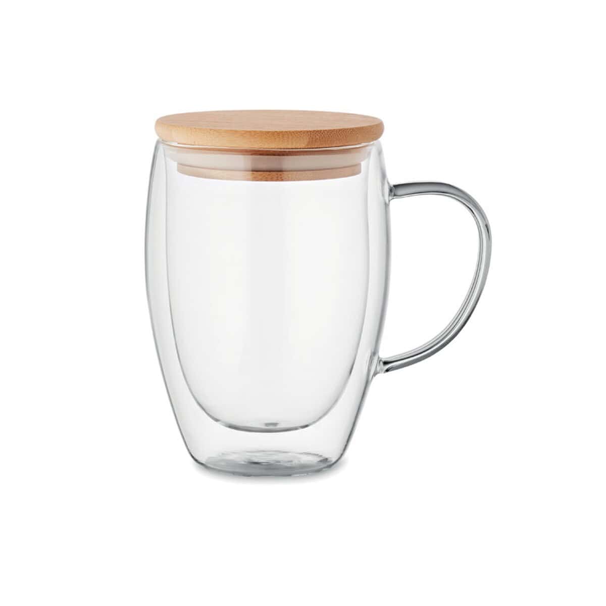 Kubki z logo – kubek z podwójną ścianką 350ml tirol mo2199-22 Szklany kubek z drewnianą pokrywką, idealny na kawę lub herbatę.