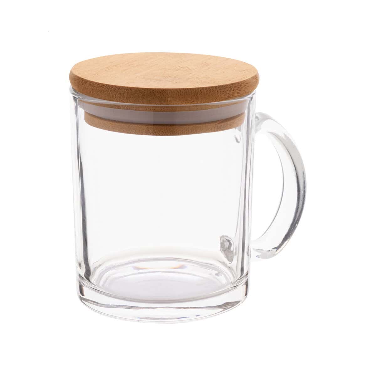 Kubki z logo – strobba szklany kubek z recyklingu AP800576__A Przezroczysta szklanka z drewnianym wieczkiem, idealna na herbatę lub kawę.