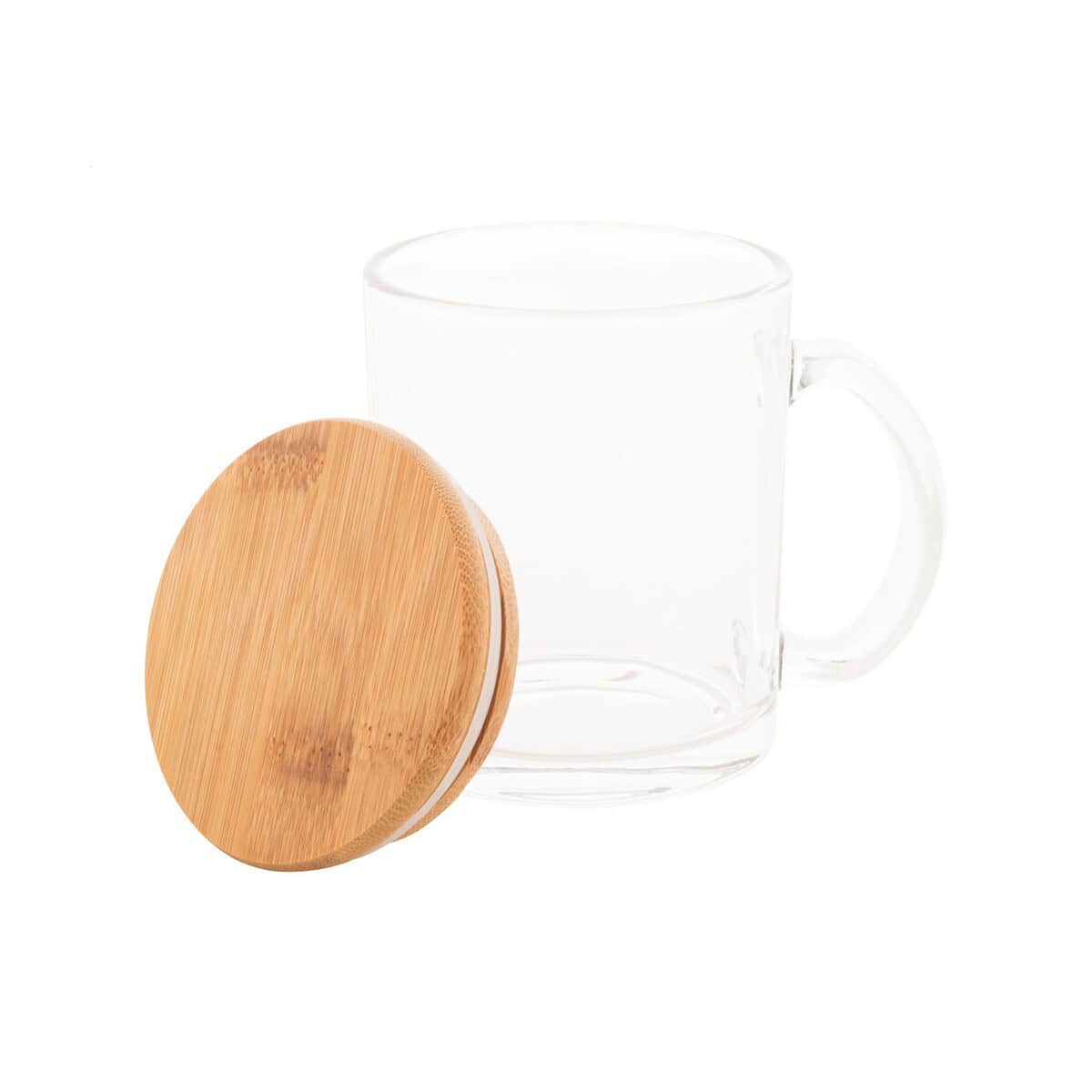 Kubki z logo – strobba szklany kubek z recyklingu AP800576__B Szkło z drewnianym pokrywką, personalizowane gadżety reklamowe.