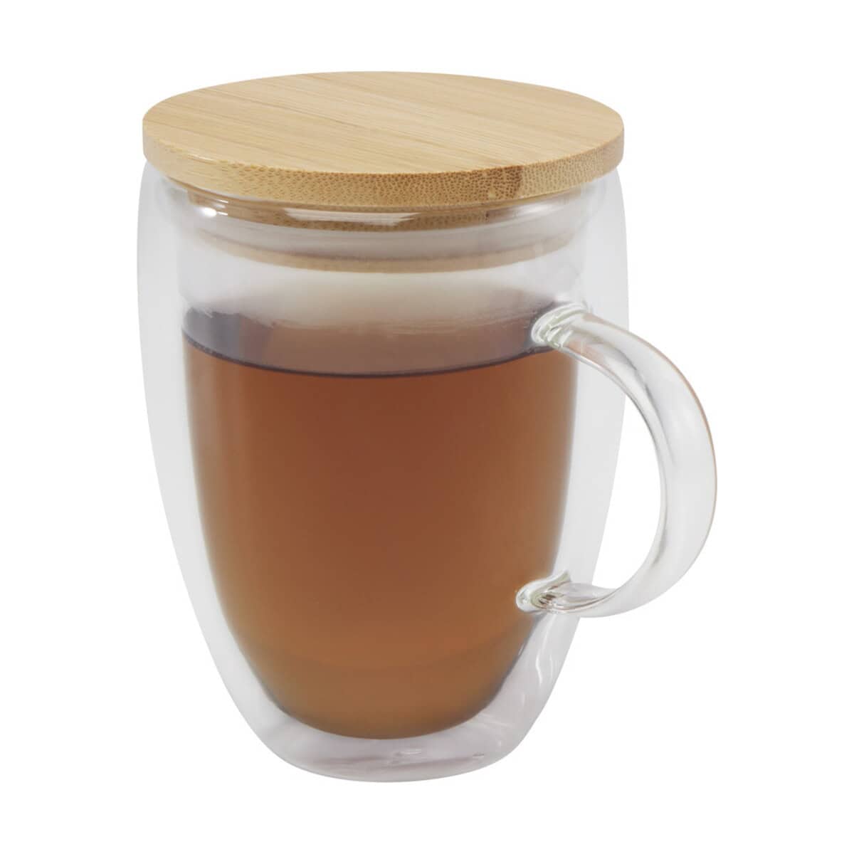 Kubki z logo – szklany kubek leona 350 ml z bambusową pokrywką 11341801 Butelka termiczna z podwójnymi ściankami i drewnianą pokrywką do kawy lub herbaty.