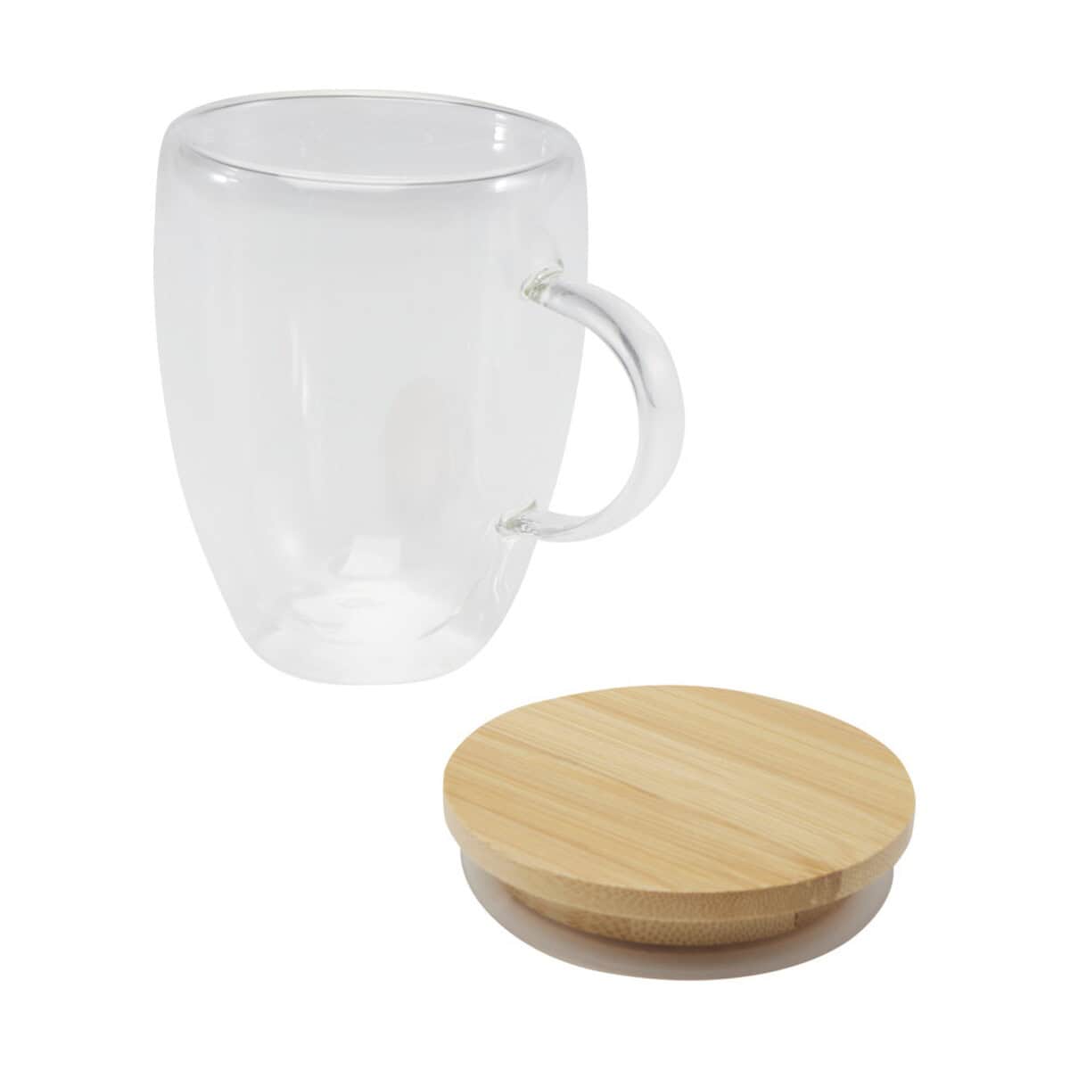 Kubki z logo – szklany kubek leona 350 ml z bambusową pokrywką 11341801_e2 Przezroczysta szklana kubek z drewnianą podkładką na herbatę do nadruku reklamowego.