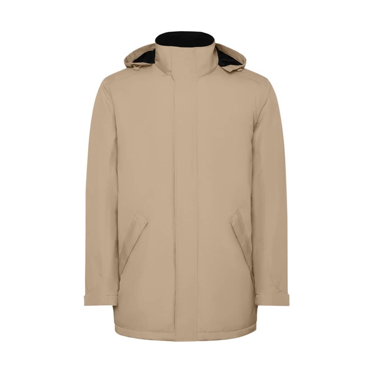 Bezrękawowa kurtka w neutralnym kolorze z kapturem, idealna na różne warunki pogodowe.