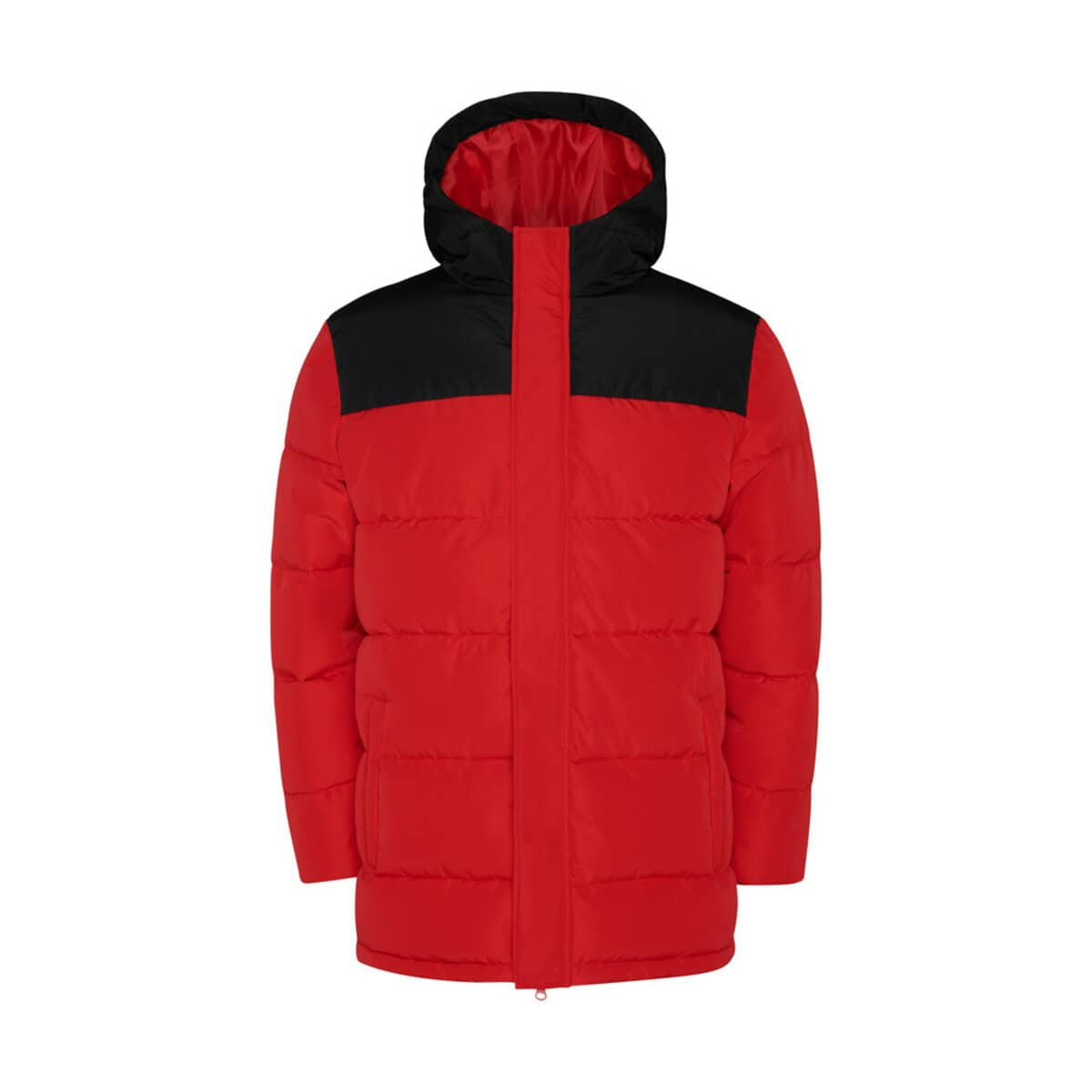 Ciepła kurtka puchowa z kapturem, czarno-czerwona, idealna na zimę.