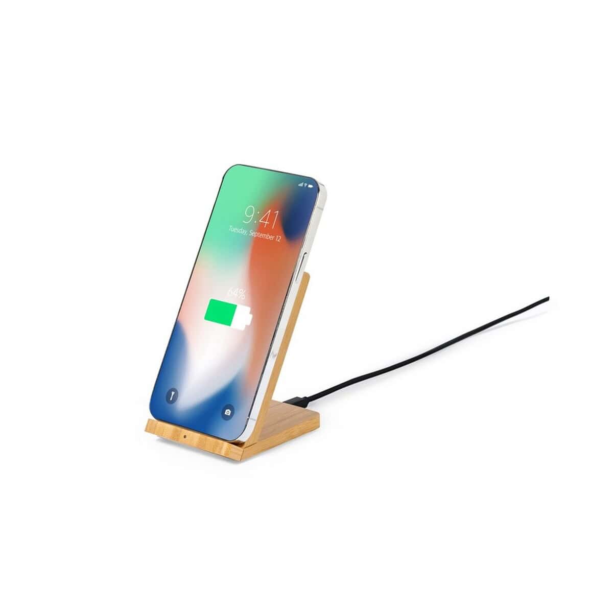 Podświetlany stojak na telefon z ładowarką indukcyjną, drewniany design, idealny gadżet biurowy.