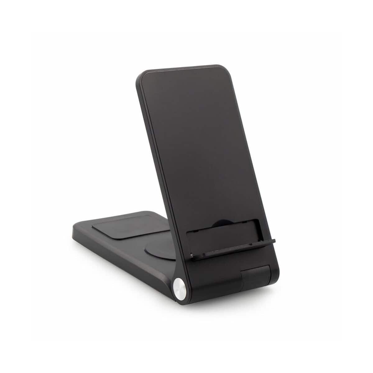 Ładowarki z logo – ładowarka bezprzewodowa 15w exclusive collection, 3 w 1, stojak na telefon | zita VA124-03_AAA01 Stojak na telefon z ładowarką indukcyjną i standem, czarny, nowoczesny gadżet biurowy.
