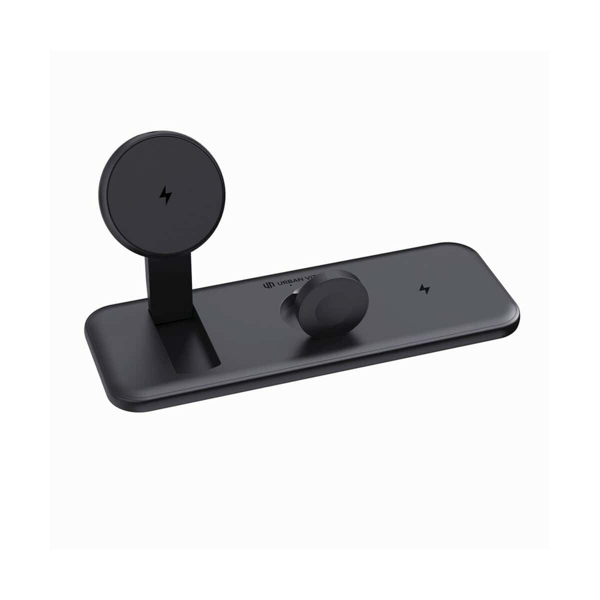 Ładowarki z logo – ładowarka bezprzewodowa 3 w 1, 15w urban vitamin torrance P309.5001__B_1 Podstawka do ładowania bezprzewodowego z uchwytem na telefon, czarna, nowoczesny design.