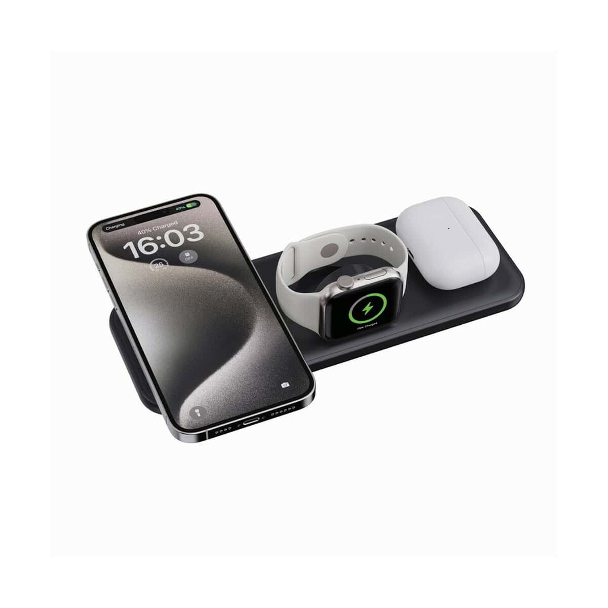 Ładowarki z logo – ładowarka bezprzewodowa 3 w 1, 15w urban vitamin torrance P309.5001__B_5 Nowoczesny ładowacz indukcyjny do smartfonów i urządzeń Apple, z bezprzewodową ładowarką AirPods i smartwatch.