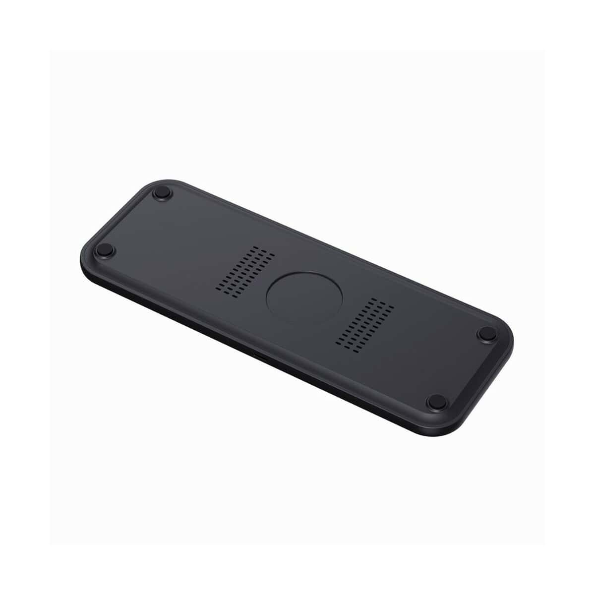 Ładowarki z logo – ładowarka bezprzewodowa 3 w 1, 15w urban vitamin torrance P309.5001__B_7 Czarna podkładka pod mysz z antypoślizgowymi nóżkami i szarym wykończeniem.