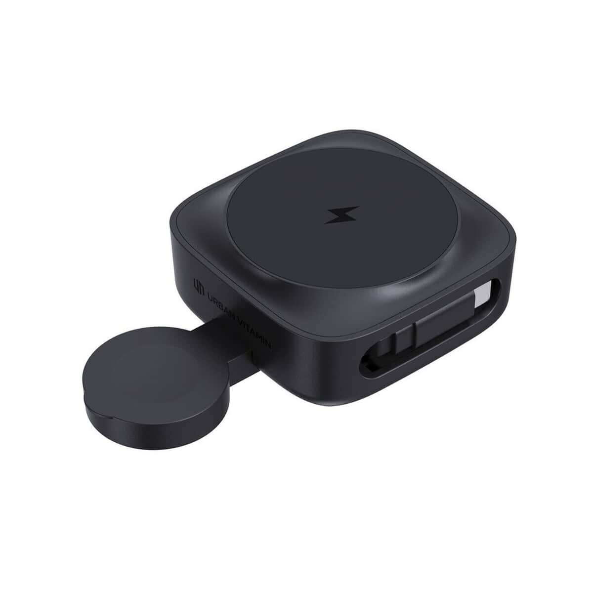 Ładowarki z logo – magnetyczna ładowarka bezprzewodowa 2 w 1 urban vitamin P309.5301__B_2 Uniwersalny gadżet elektroniczny z czarnym logo na powierzchni.