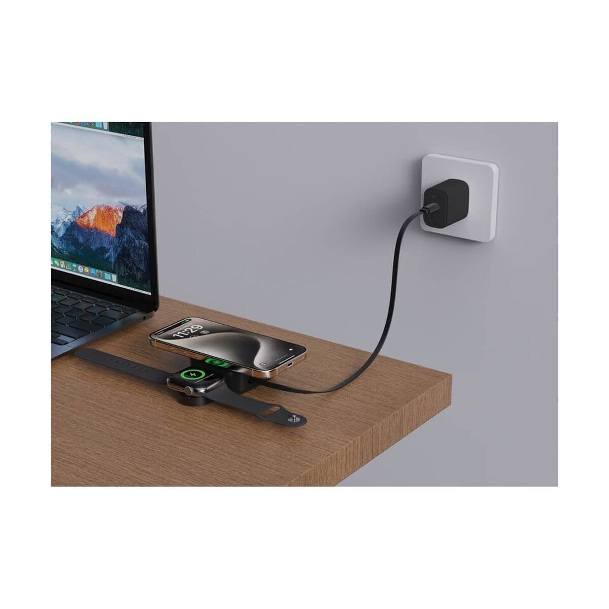 Ładowarki z logo – magnetyczna ładowarka bezprzewodowa 2 w 1 urban vitamin P309.5301__M_400 Sztuczne gadżety do biura z powerbankiem i ładowarką USB na stole.