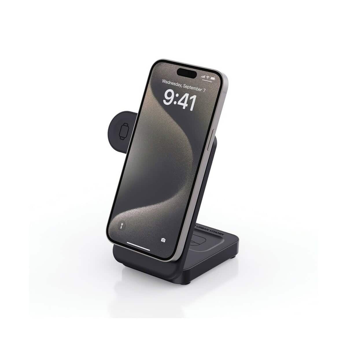 Ładowarki z logo – magnetyczna ładowarka bezprzewodowa 3 w 1 urban vitamin P309.5101__B_6 Nowoczesny stojak na telefon z funkcją ładowania bezprzewodowego, czarny design.
