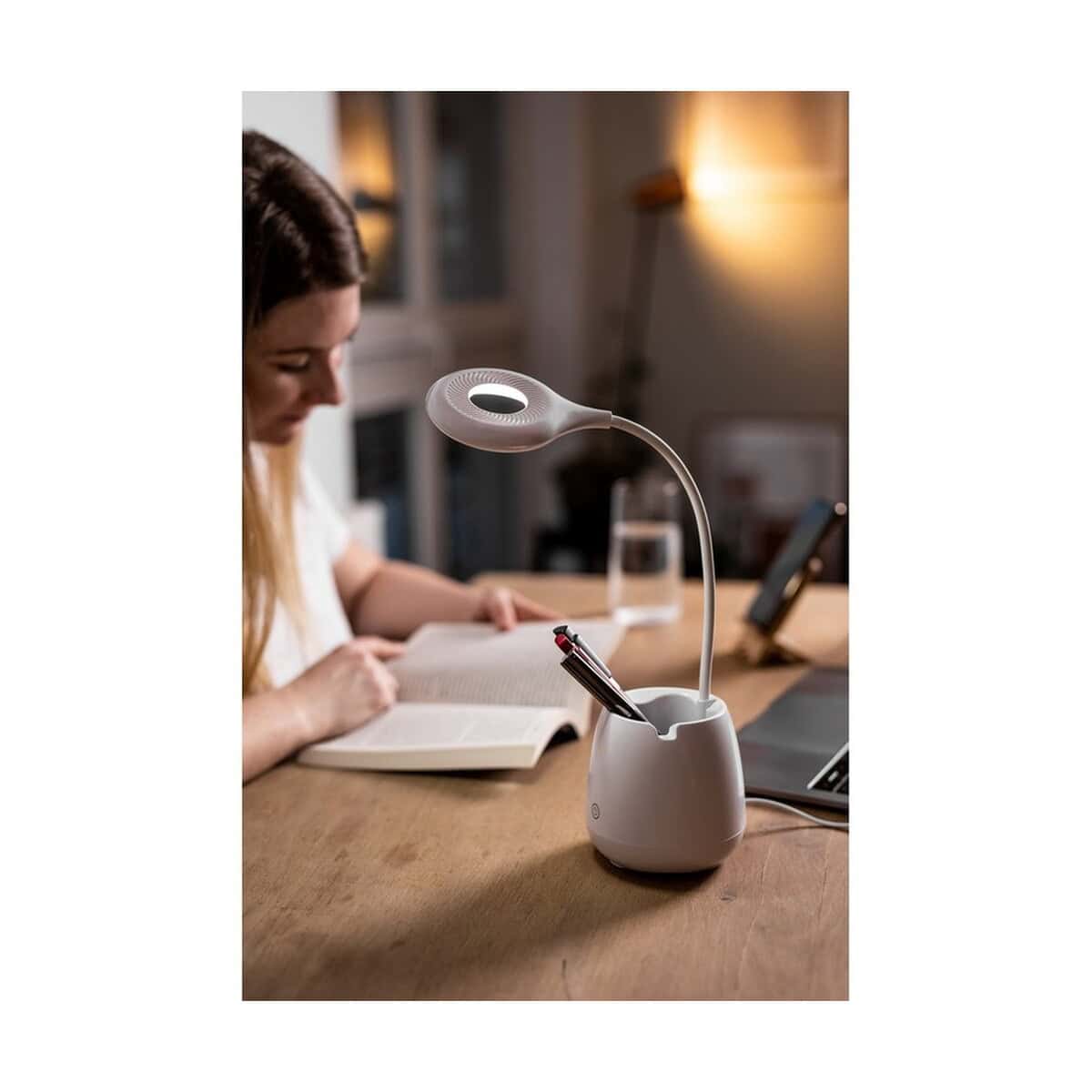 Lampki na biurko z logo – lampka na biurko, głośnik bezprzewodowy 3w, stojak na telefon, pojemnik na przybory do pisania | asar V0188_A Lampka biurkowa z USB, nowoczesne gadżety do biura i domu, lampka do czytania.